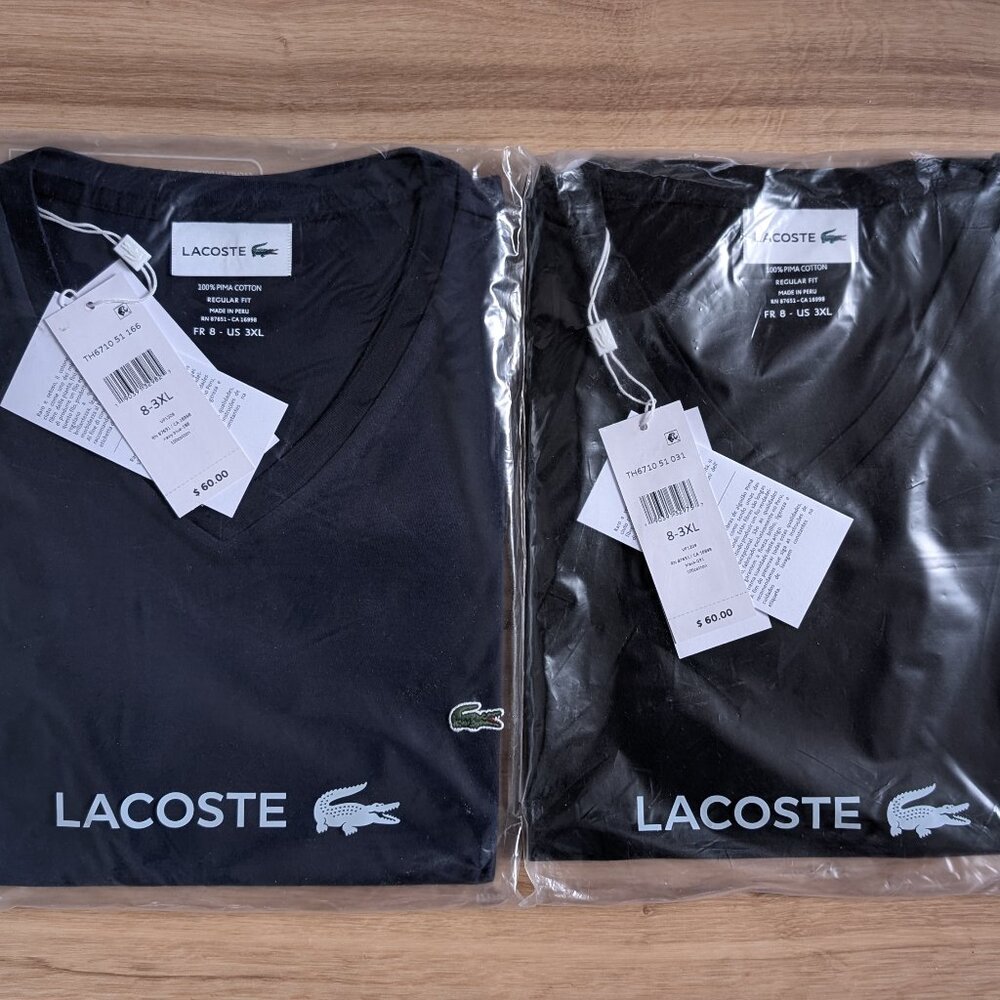 NWT Pack 2 Lacoste Pima Cotton V-neck T-Shirts, 1 Black, 1 Navy, Men’s XXXL